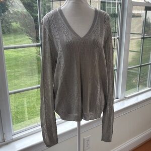 Ellen Tracy V-Neck Sweater‎ platinum silver thread sparkle holiday silk NWT